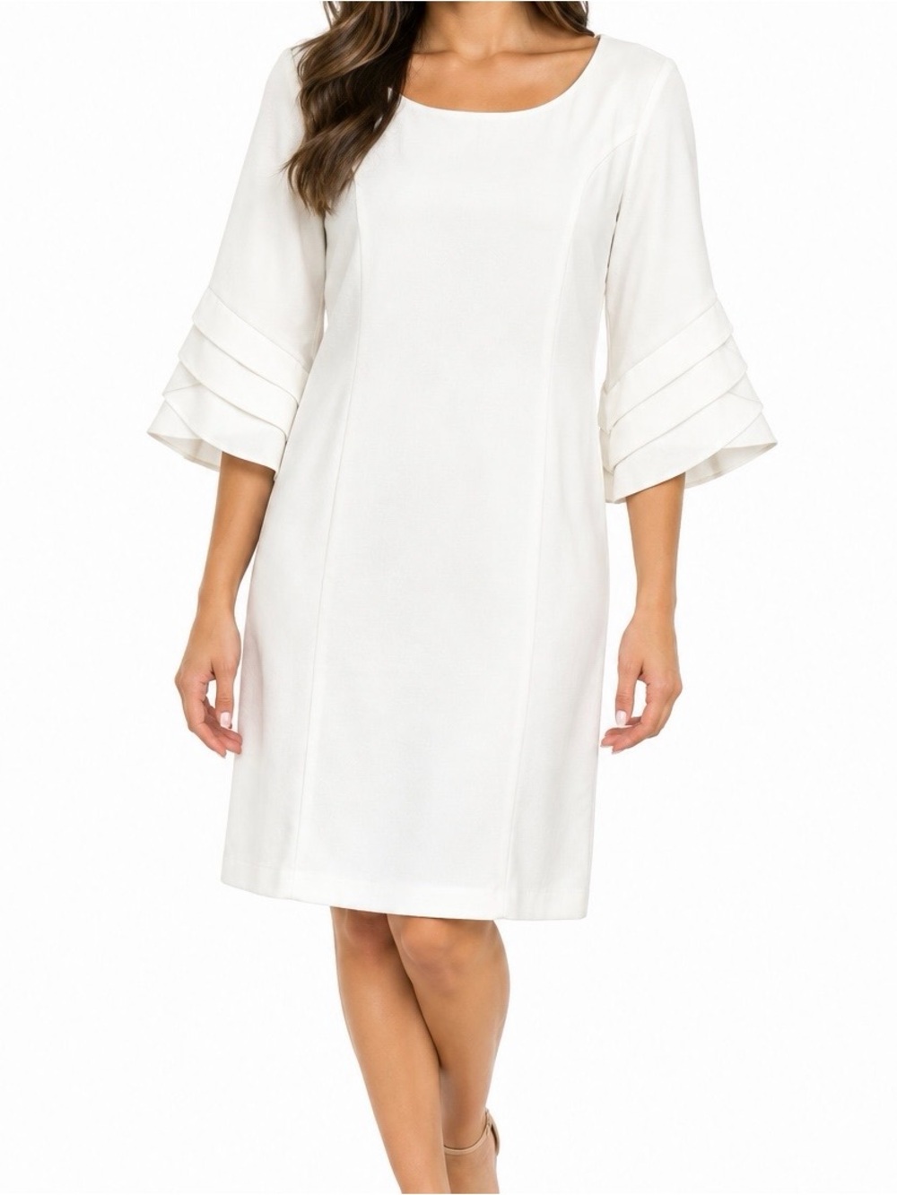 Nina Leonard White Scoop Neck Midi Dress with Tiered Bell Sleeves
